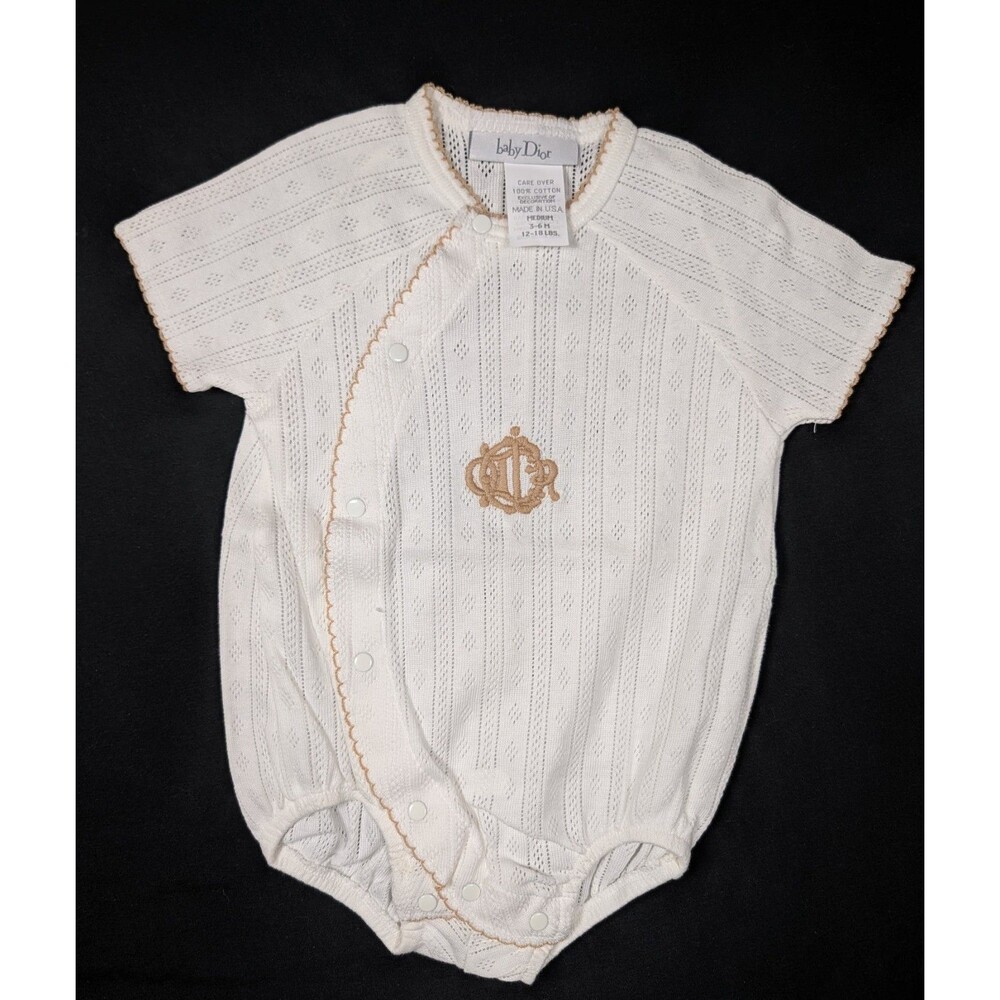 ​Vintage Baby Dior NWOT Pointelle Knit Romper Tan Embroidered Crest Logo USA 3-6